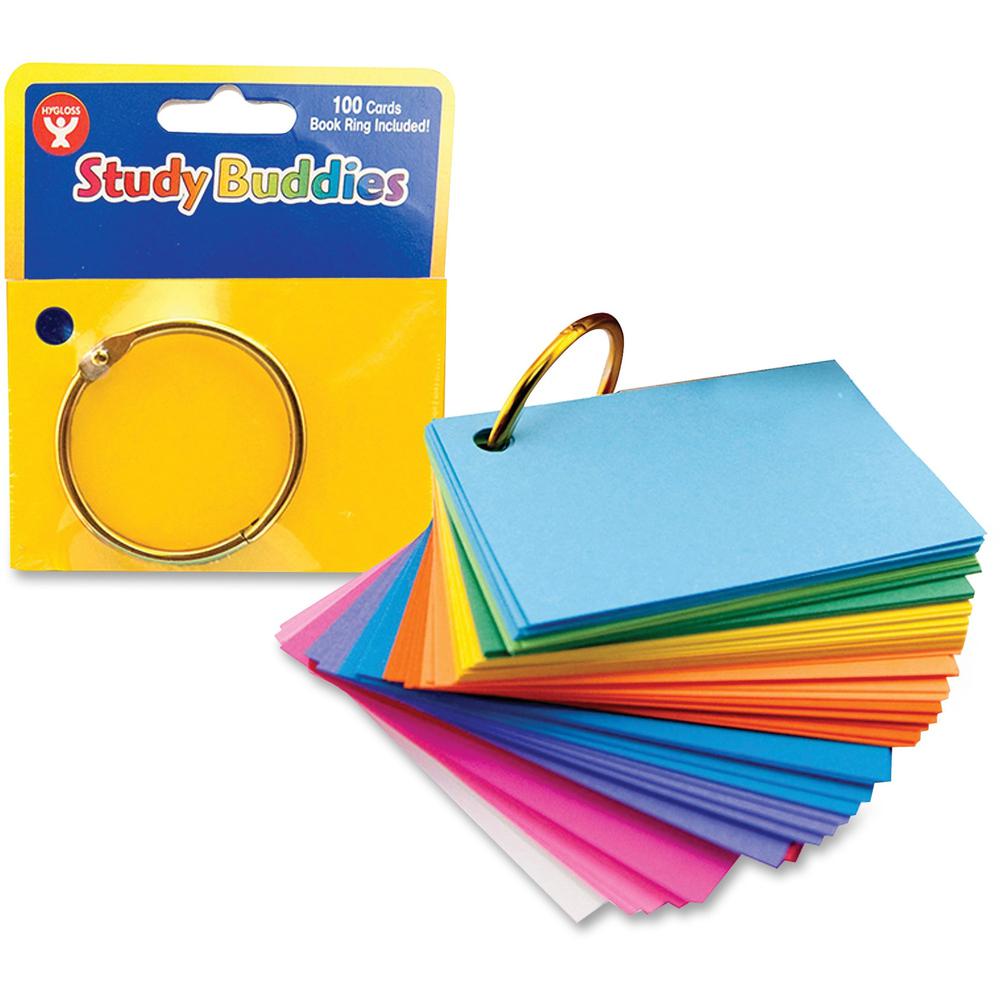 Hygloss Bright Study Buddies Flash Cards - 100 Sheets - Ring - 2" x 3" - Assorted Paper - Punched, Sturdy, Tear Resistant, Bend Resistant - 100 / Pack. The main picture.