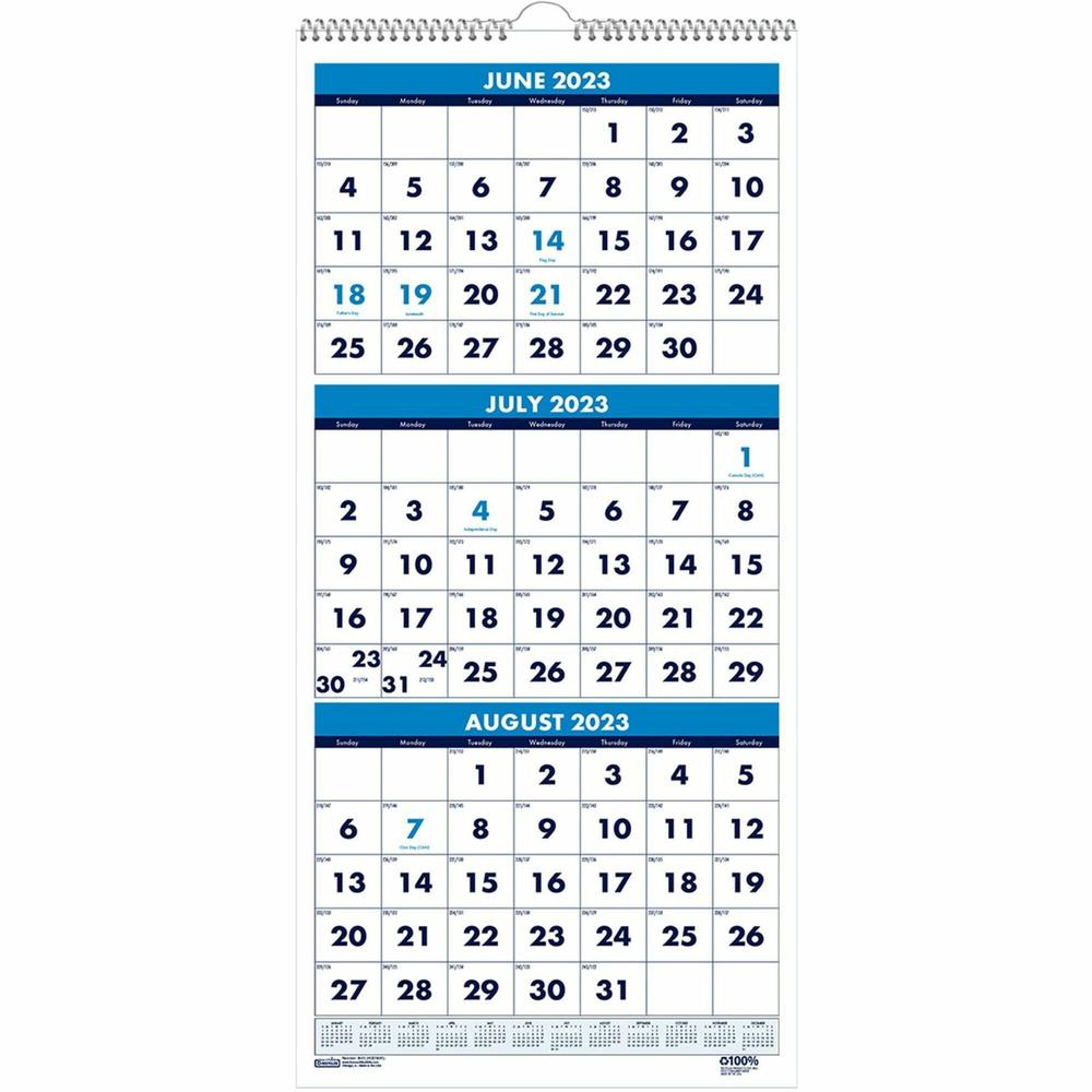 House of Doolittle Three-month Vertical Academic Wall Calendar - Academic - Julian Dates - Monthly - 14 Month - June 2023 - July 2024 - 3 Month Single Page Layout - Wire Bound - Teal - Paper - 8" Heig. Picture 1