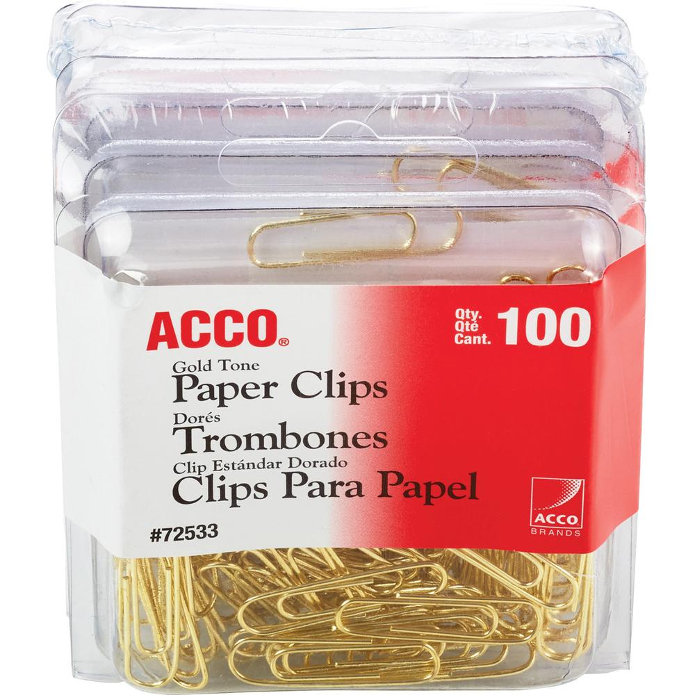 ACCO Gold Tone Paper Clips - No. 2 - 1.4" Length x 0.5" Width - 10 Sheet Capacity - for Office, Home, School, Document, Paper - Sturdy, Flex Resistant, Bend Resistant - 400 / Pack - Gold. Picture 1
