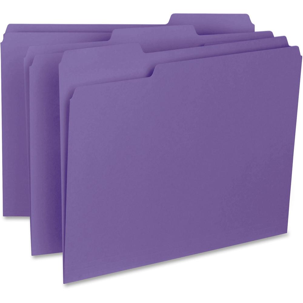 Business Source 1/3 Tab Cut Letter Recycled Top Tab File Folder - 8 1/2" x 11" - Top Tab Location - Assorted Position Tab Position - Stock - Purple - 10% Recycled - 100 / Box. The main picture.