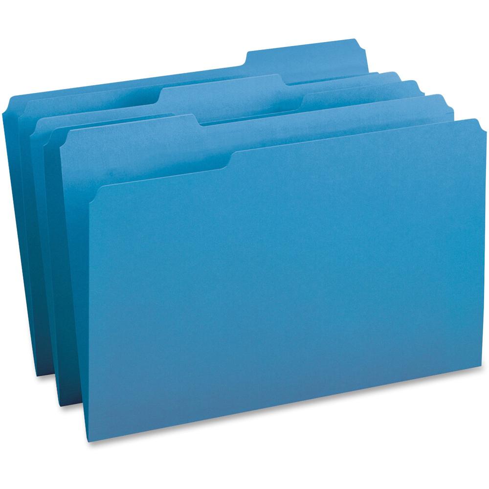 Business Source 1/3 Tab Cut Legal Recycled Top Tab File Folder - 8 1/2" x 14" - Top Tab Location - Assorted Position Tab Position - Blue - 10% Recycled - 100 / Box. Picture 1