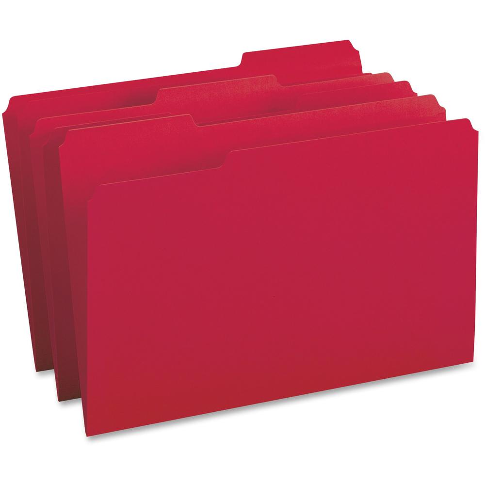 Business Source 1/3 Tab Cut Legal Recycled Top Tab File Folder - 8 1/2" x 14" - Top Tab Location - Assorted Position Tab Position - Stock - Red - 10% Recycled - 100 / Box. The main picture.