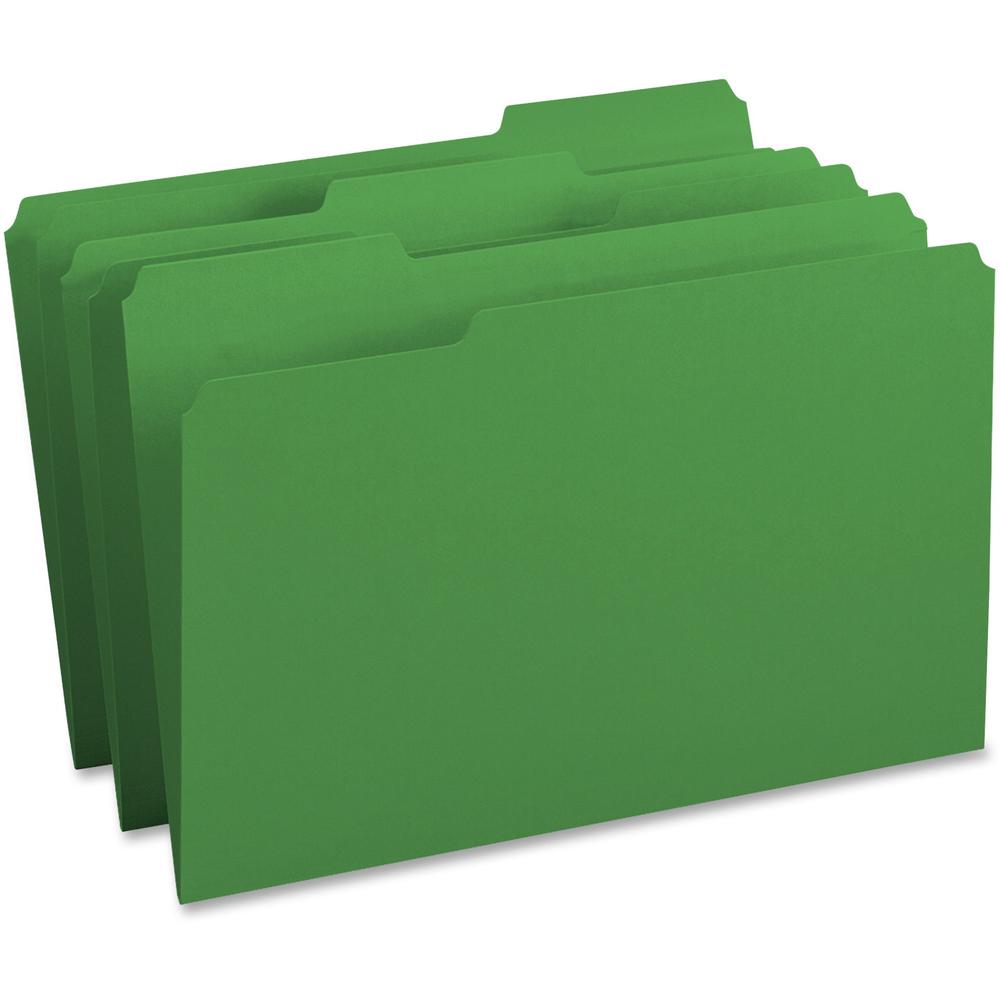 Business Source 1/3 Tab Cut Legal Recycled Top Tab File Folder - 8 1/2" x 14" - Top Tab Location - Assorted Position Tab Position - Green - 10% Recycled - 100 / Box. Picture 1