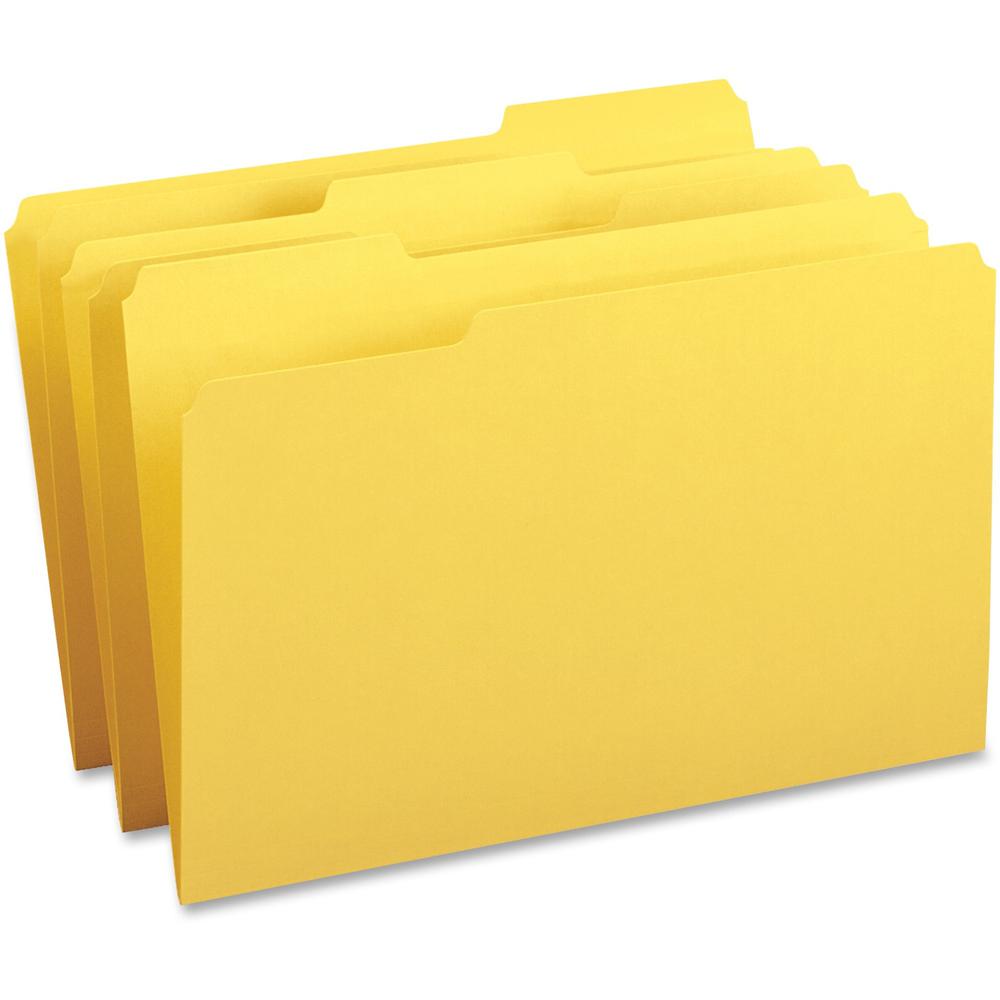 Business Source 1/3 Tab Cut Legal Recycled Top Tab File Folder - 8 1/2" x 14" - Top Tab Location - Assorted Position Tab Position - Yellow - 10% Recycled - 100 / Box. Picture 1