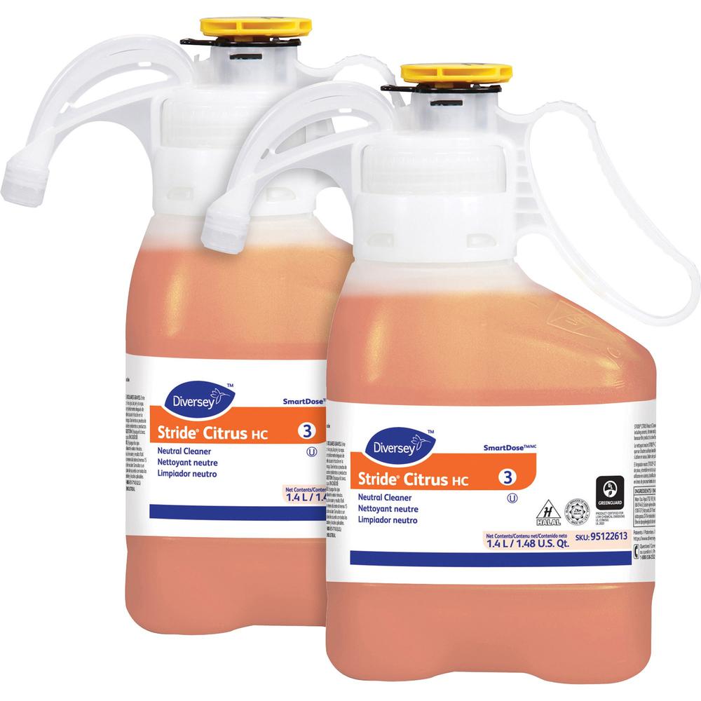 Diversey Stride Citrus HC Neutral Cleaner - Concentrate Liquid - 47.3 fl oz (1.5 quart) - Citrus ScentBottle - 2 / Carton - Orange. The main picture.