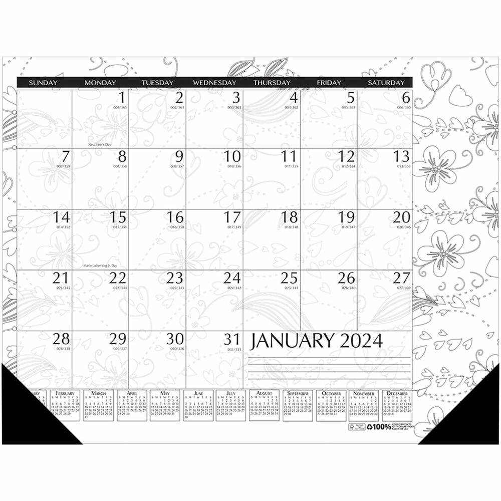 House of Doolittle Doodle Monthly Desk Pad - Julian Dates - Monthly - January 2022 till December 2022 - 1 Month Single Page Layout - Desk Pad - Black/White - 17" Height x 22" Width - Notes Area, Refer. Picture 1