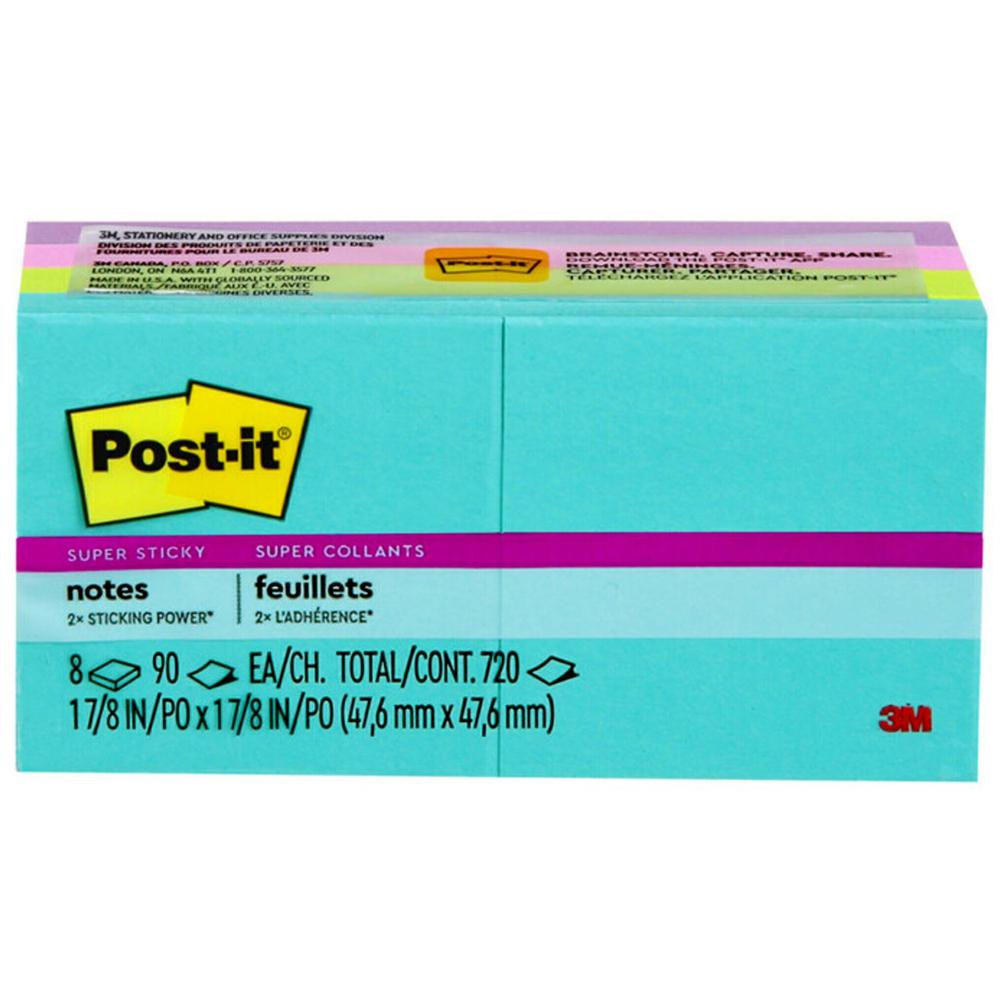 Post-it&reg; Super Sticky Notes - Supernova Neons Color Collection - 720 x Multicolor - 2" x 2" - Rectangle - 90 Sheets per Pad - Aqua Splash, Acid Lime, Tropical Pink, Iris Infusion - Paper - Self-ad. Picture 1