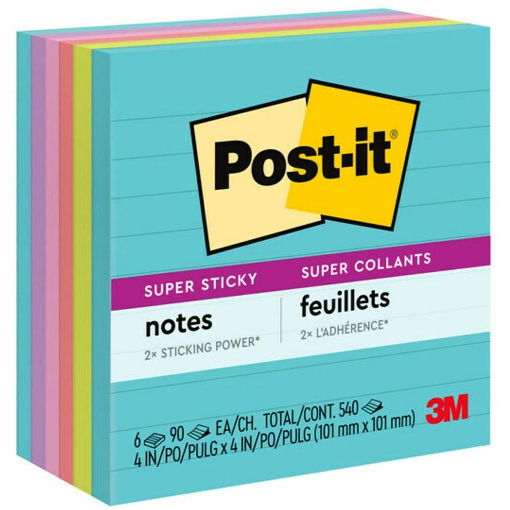 Post-it&reg; Super Sticky Lined Notes - Supernova Neons Color Collection - 540 x Multicolor - 4" x 4" - Rectangle - 90 Sheets per Pad - Ruled - Aqua Splash, Acid Lime, Guava, Tropical Pink, Iris Infus. Picture 1