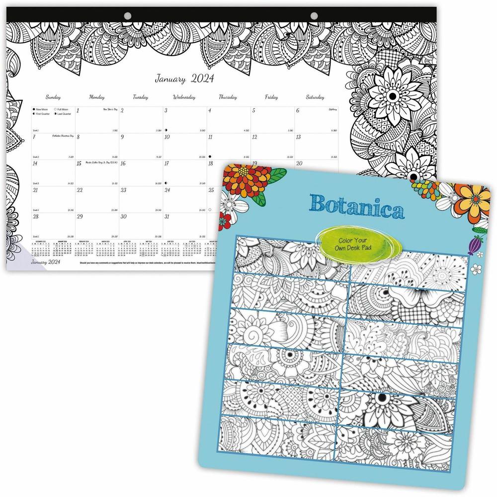 Blueline DoodlePlan Compact Desk Pad - Botanica - Monthly - January 2021 till December 2021 - 1Month Single Page Layout - Desk Pad - White - Chipboard - Tear-off, Notes Area, Eco-friendly, Eyelet - 17. The main picture.