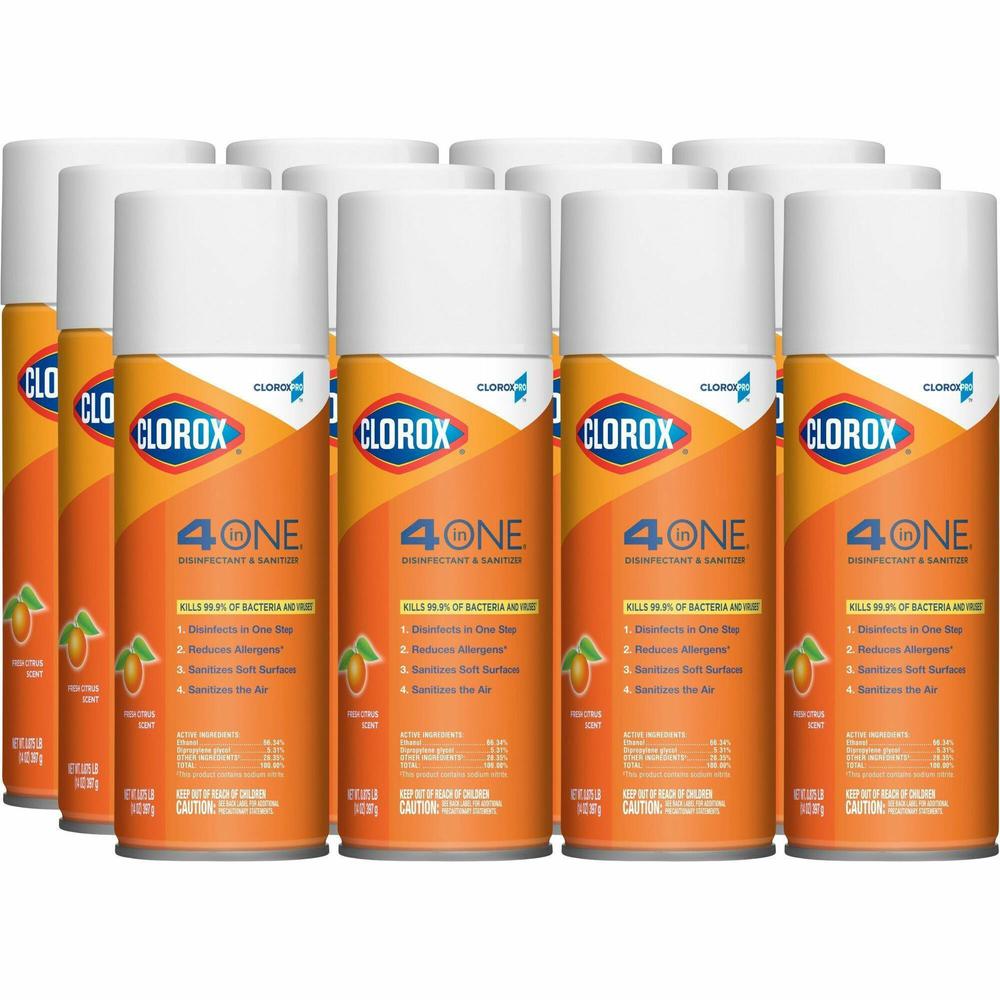 CloroxPro&trade; 4 in One Disinfectant & Sanitizer - 14 fl oz (0.4 quart) - Fresh Citrus Scent - 12 / Carton - Deodorize, Disinfectant. Picture 1