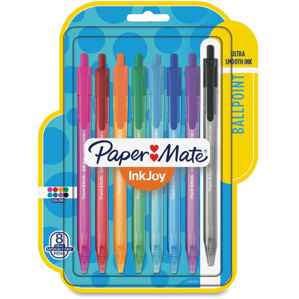 Paper Mate InkJoy 100 RT Pens - Medium Pen Point - 1 mm Pen Point Size - Retractable - Assorted - Translucent Barrel - 8 / Pack. Picture 1