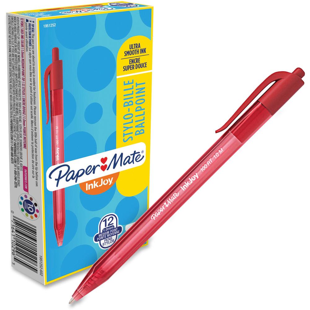 Paper Mate InkJoy 100 RT Pens - Medium Pen Point - 1 mm Pen Point Size - Retractable - Red - Translucent Barrel - 1 Dozen. Picture 1