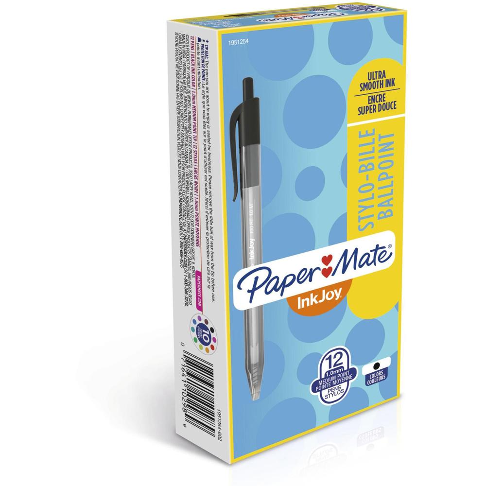 Paper Mate InkJoy 100 RT Pens - Medium Pen Point - 1 mm Pen Point Size - Retractable - Black - Translucent Barrel - 12 / Dozen. Picture 1