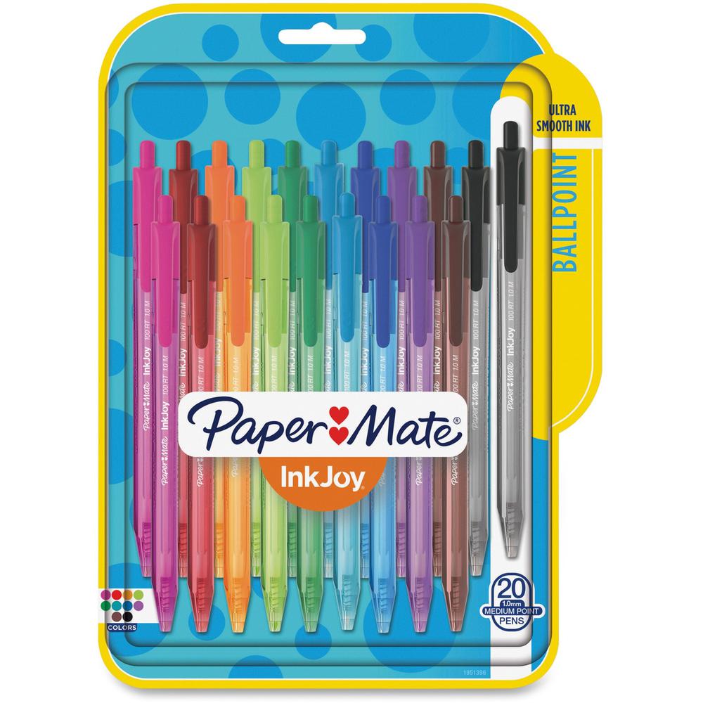 Paper Mate InkJoy 100 RT Pens - Medium Pen Point - 1 mm Pen Point Size - Retractable - Assorted - Translucent Barrel - 20 / Pack. Picture 1