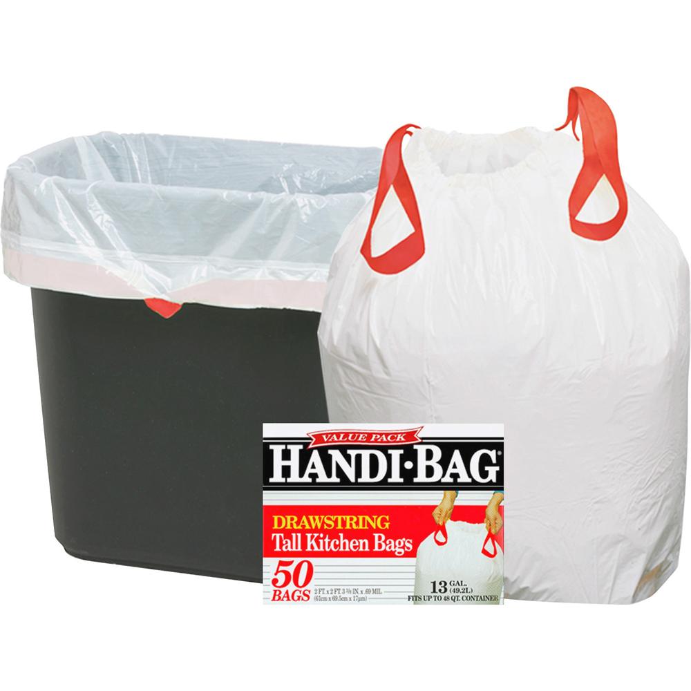 Berry Handi-Bag Drawstring Tall Kitchen Bags - Small Size - 13 gal Capacity - 24" Width x 27" Length - 0.69 mil (18 Micron) Thickness - Drawstring Closure - White - Resin - 6/Carton - 50 Per Box - Kit. Picture 1