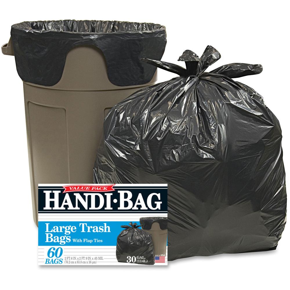 Berry Handi-Bag Wastebasket Bags - Medium Size - 30 gal Capacity - 29" Width x 36" Length - 0.70 mil (18 Micron) Thickness - Black - Hexene Resin - 6/Carton - 60 Per Box - Home, Office. Picture 1