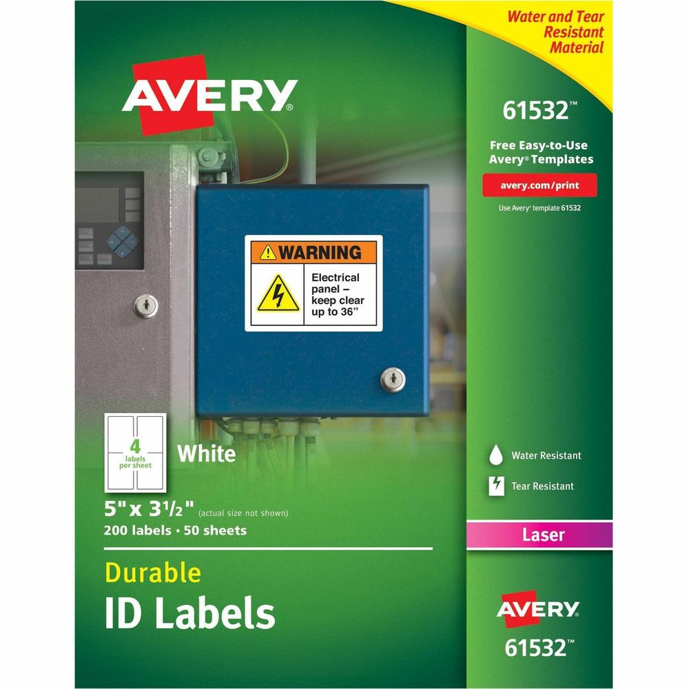 Avery&reg; TrueBlock ID Label - Waterproof - Permanent Adhesive - Rectangle - Laser - White - Film - 4 / Sheet - 50 Total Sheets - 200 Total Label(s) - 5 - Water Resistant - Permanent Adhesive, Durabl. Picture 1