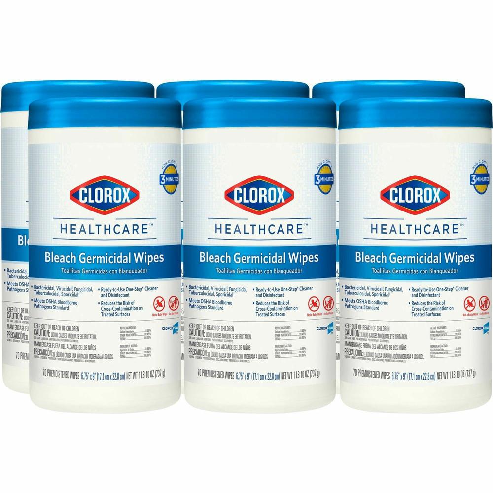 Clorox Healthcare Bleach Germicidal Wipes - Ready-To-Use Wipe6.75" Width x 9" Length - 70 / Canister - 6 / Carton - White. Picture 1