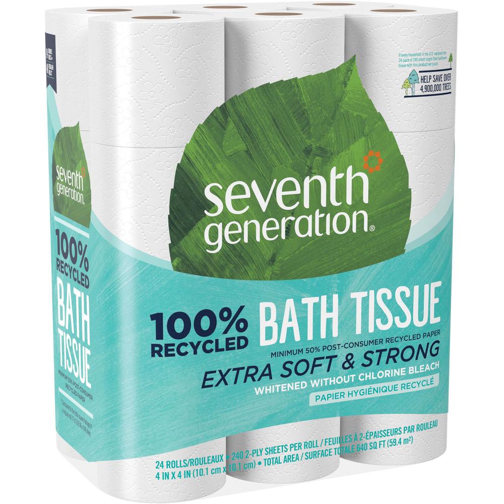 Seventh Generation 100% Recycled Bathroom Tissue - 2 Ply - 240 Sheets/Roll - White - Paper - Soft, Chlorine-free, Dye-free, Fragrance-free - For Bathroom - 24 Per Pack - 2 / Carton. Picture 1