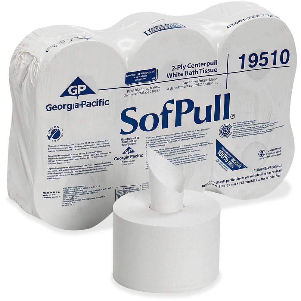 SofPull Centerpull High-Capacity Toilet Paper - 2 Ply - 5.25" x 8.40" - 1000 Sheets/Roll - 8.10" Roll Diameter - White - 6 / Carton. Picture 1