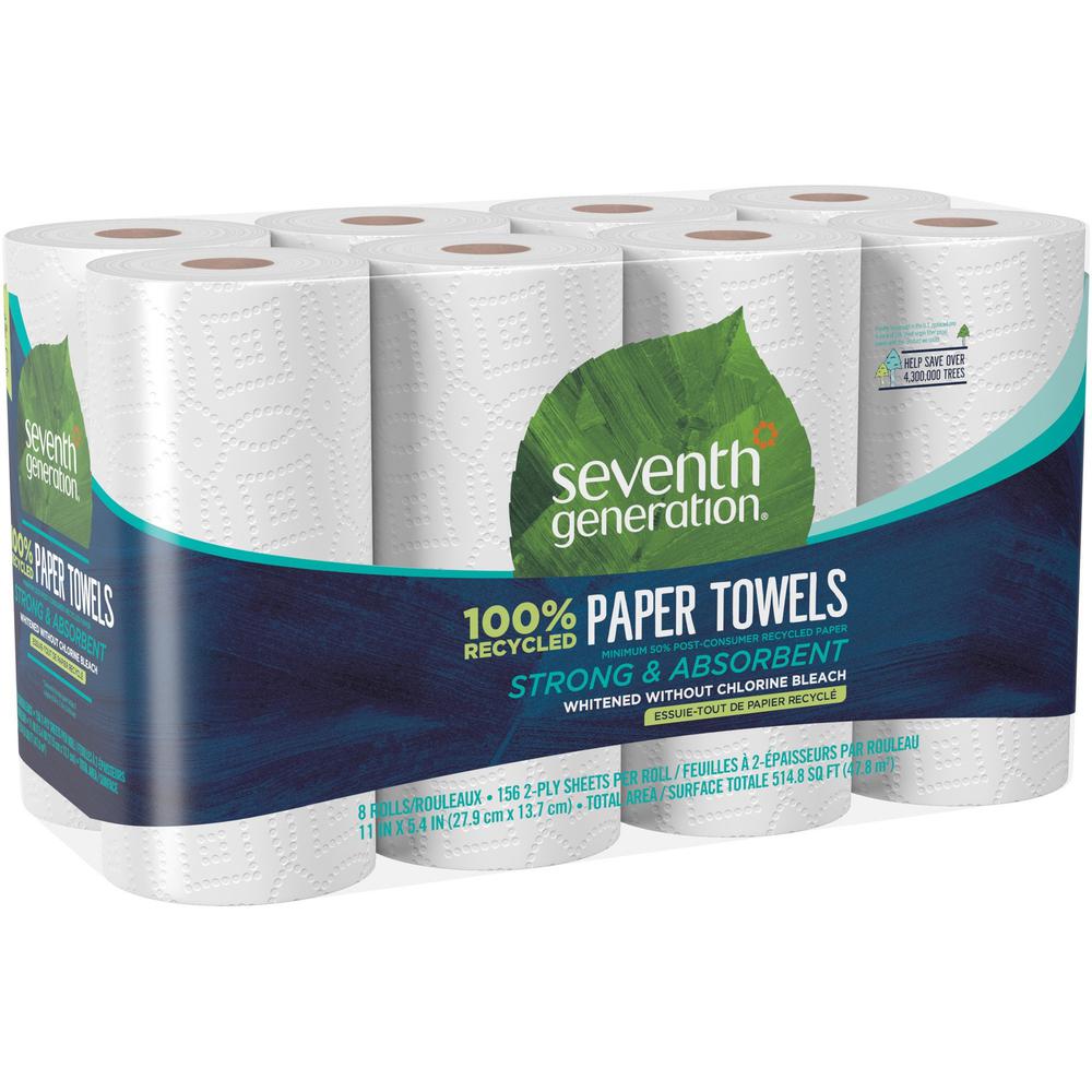 Seventh Generation 100% Recycled Paper Towels - 2 Ply - 156 Sheets/Roll - White - Paper - Absorbent, Chlorine-free, Chemical-free, Dye-free, Fragrance-free - 8 Per Pack - 4 / Carton. Picture 1