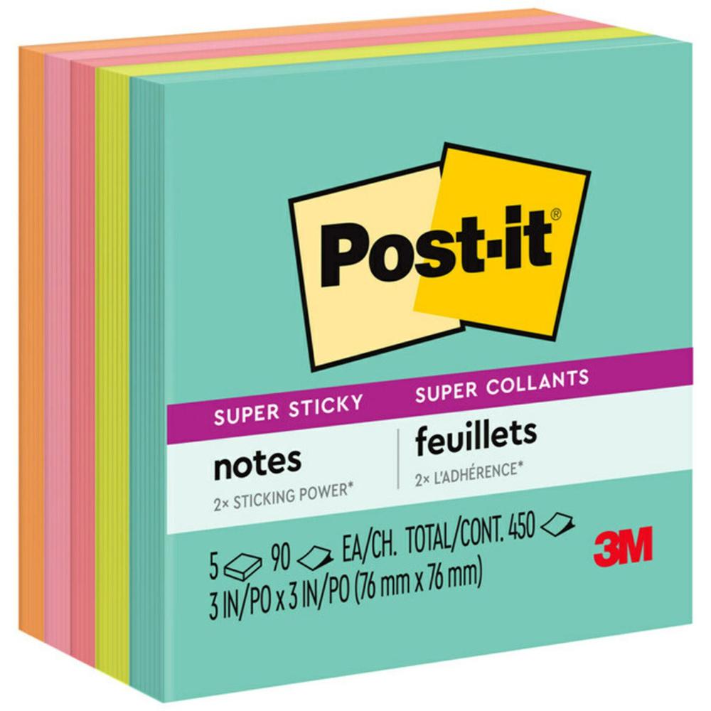 Post-it&reg; Super Sticky Notes - Supernova Neons Color Collection - 3" x 3" - Square - 90 Sheets per Pad - Aqua Splash, Acid Lime, Guava, Tropical Pink, Iris Infusion - Paper - Recyclable, Reposition. Picture 1
