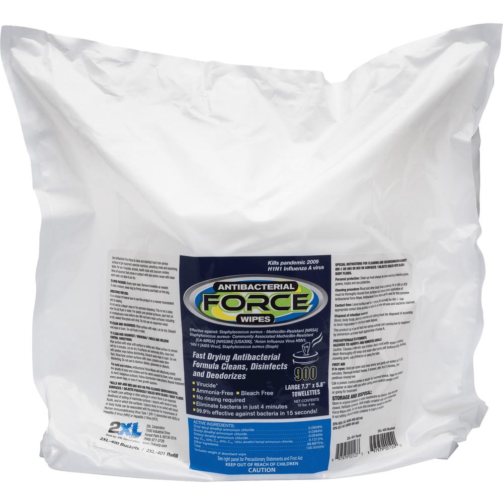 2XL Antibacterial Force Wipes Bucket Refill - 6" x 8" - White - Anti-bacterial, Absorbent, Disposable, Disinfectant, Hygienic, Soft, Durable, Non-irritating, Non-toxic, Non-abrasive - 900 Per Bag - 1. Picture 1