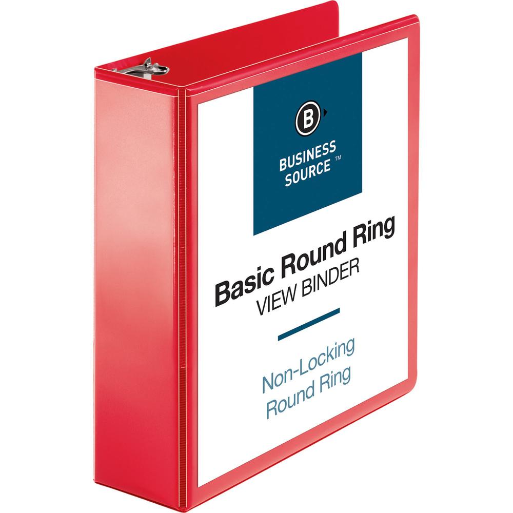 Business Source Round Ring Binder - 3" Binder Capacity - Round Ring Fastener(s) - 2 Internal Pocket(s) - Red - Clear Overlay, Labeling Area - 1 Each. Picture 1