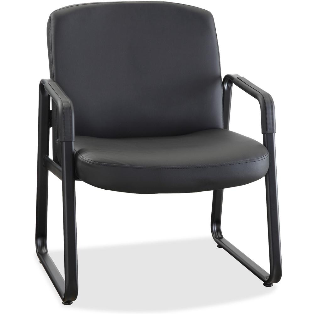 Lorell Big and Tall Leather Guest Chair - Leather, Plywood Seat - Leather, Plywood Back - Powder Coated Metal Frame - Sled Base - Black - 1 Each. Picture 1