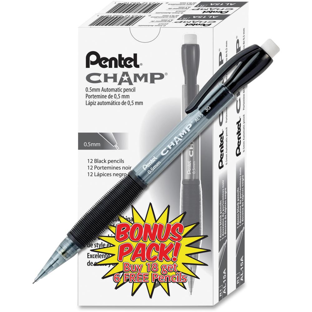 Pentel Champ Mechanical Pencils - HB Lead - 0.5 mm Lead Diameter - Refillable - Black Lead - Black Barrel - 24 / Pack. Picture 1
