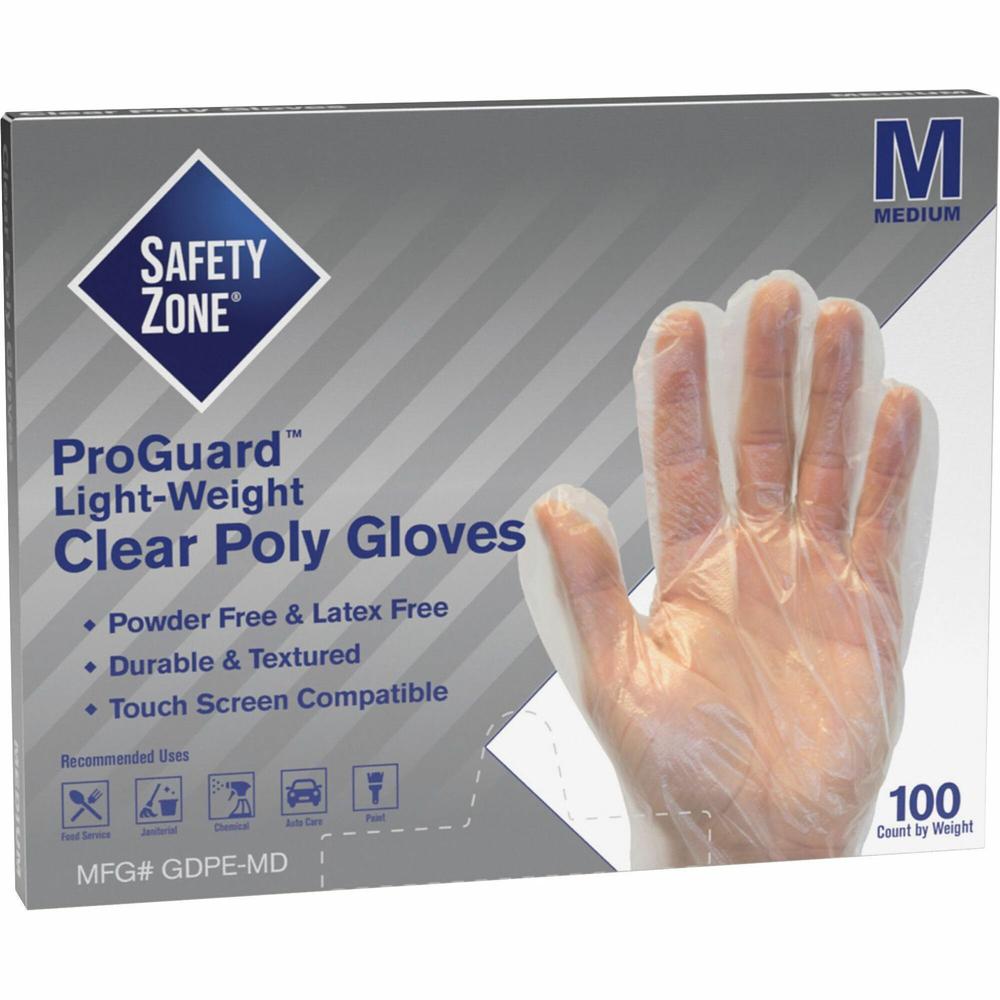 Safety Zone Clear Powder Free Polyethylene Gloves - Medium Size - Clear - Die Cut, Heat Sealed Edge, Embossed Grip, Powder-free, Latex-free, Silicone-free, Recyclable - For Food - 100 / Box - 11.75" G. The main picture.