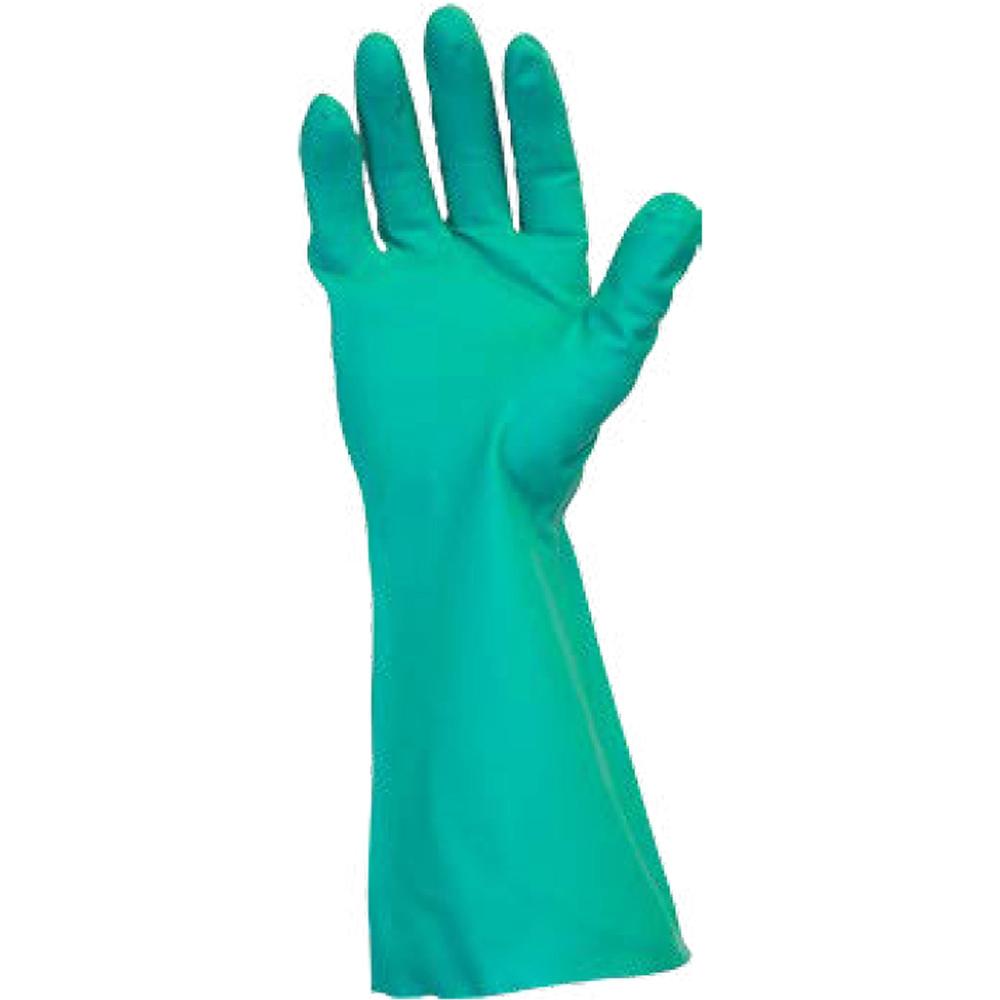 Safety Zone Green Flock Lined Nitrile Gloves - Chemical Protection - Large Size - Green - Raised Diamond Grip, Flock-lined - For Dishwashing, Cleaning, Meat Processing - 15 mil Thickness - 13" Glove L. Picture 1