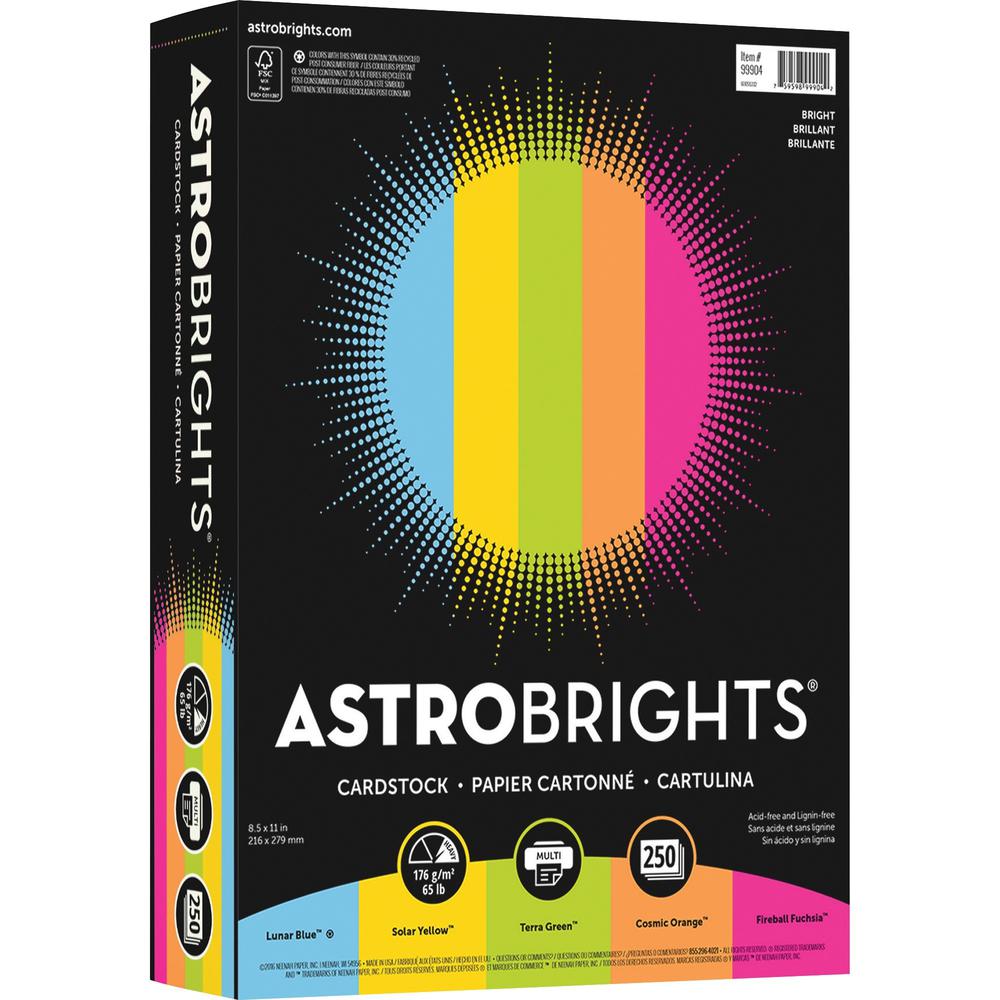 Astrobrights Laser, Inkjet Printable Multipurpose Card Stock - Lunar Blue, Solar Yellow, Terra Green, Fireball Fuschia, Cosmic Orange - Recycled - 30% Recycled Content - 8 1/2" x 11" - 250 / Pack. Picture 1