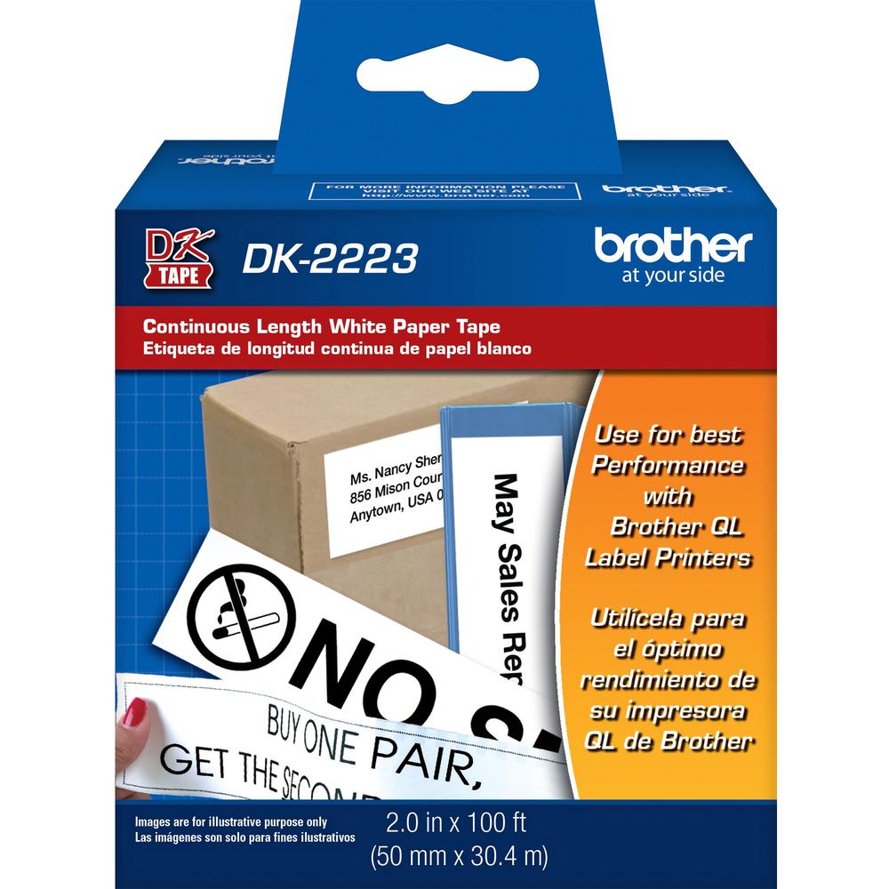 Brother DK2223 - White Continuous Length Paper Tape - Permanent Adhesive - 2" Width x 100 ft Length - White - Paper. Picture 1