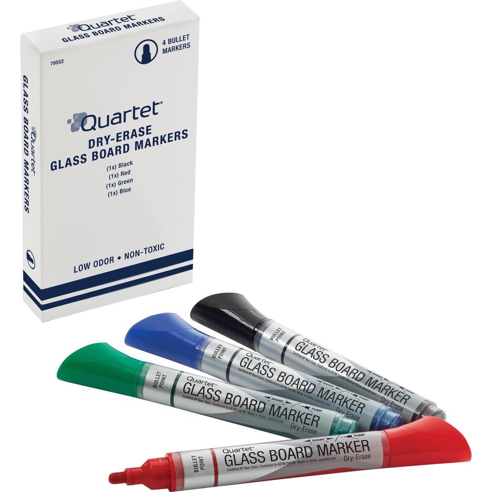 Quartet Premium Dry-Erase Markers for Glass Boards - Bullet Marker Point Style - Black, Blue, Red, Green - 4 / Pack. Picture 1