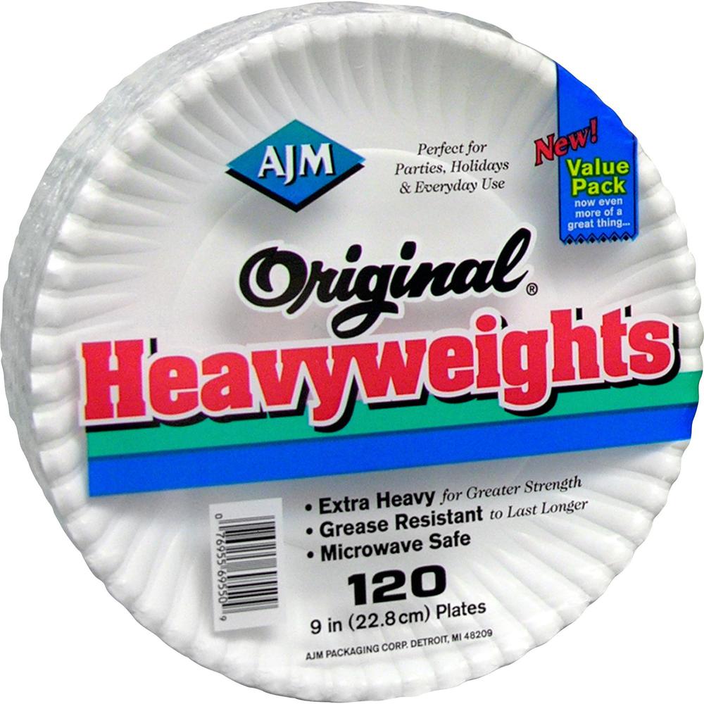AJM Packaging Original Heavyweights Plates - Disposable - Microwave Safe - White - Paper Body - 120 / Pack. The main picture.