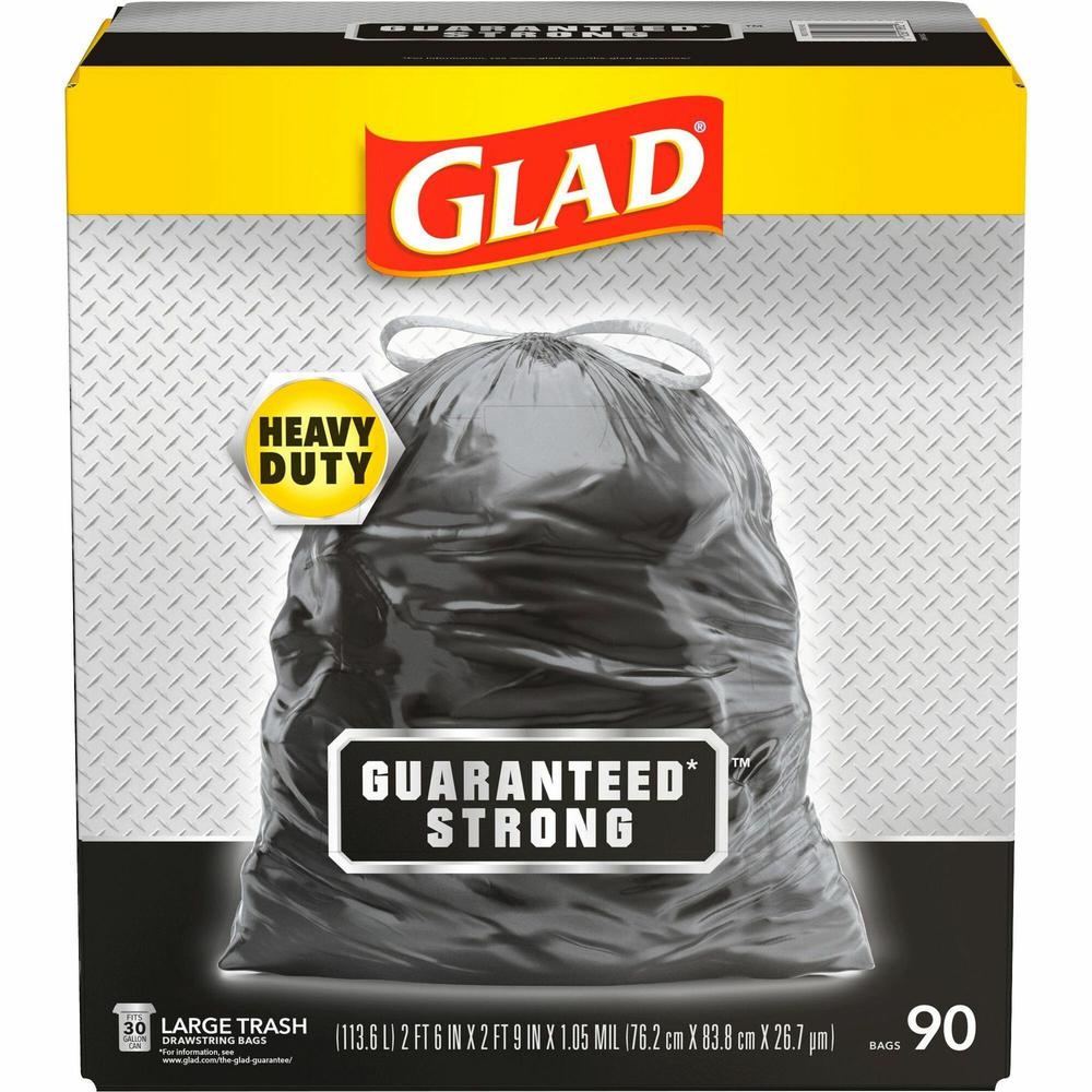 Glad Large Drawstring Trash Bags - Large Size - 30 gal Capacity - 30" Width x 32.99" Length - 1.05 mil (27 Micron) Thickness - Drawstring Closure - Black - Plastic - 90/Carton - Garbage, Indoor, Outdo. Picture 1
