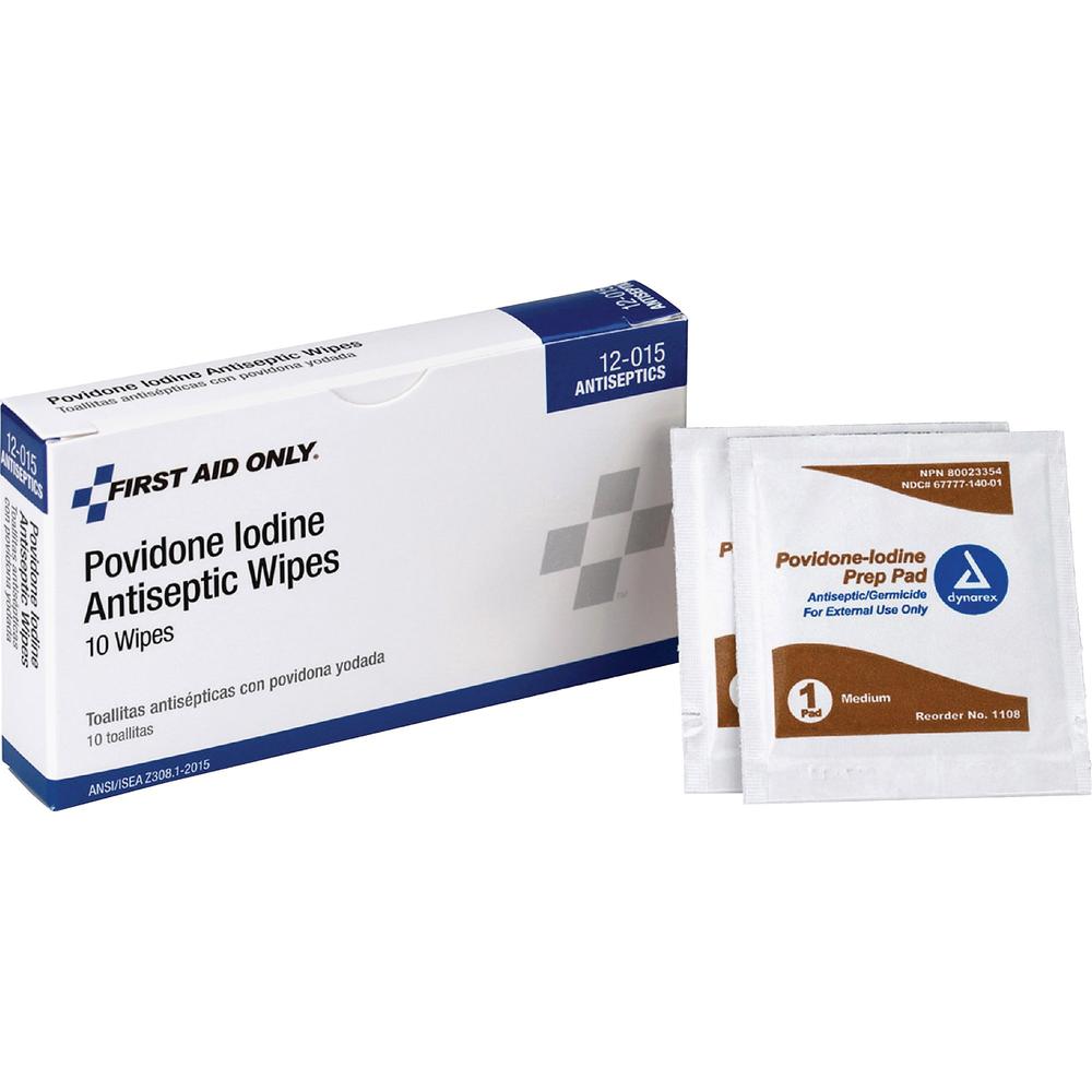 First Aid Only Povidone Iodine Antiseptic Wipes - 2.3" Height x 0.8" Width x 4" Depth Length - 10 / Box. Picture 1
