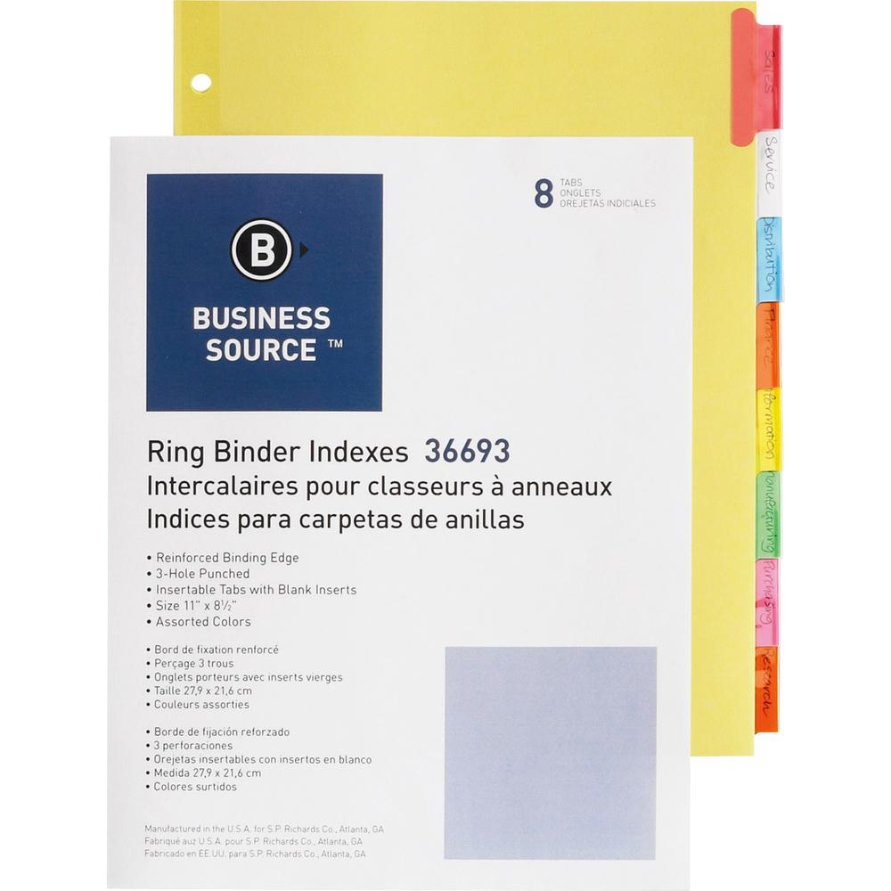 Business Source Insertable Tab Ring Binder Indexes - 8 Blank Tab(s)1.50" Tab Width - 8.5" Divider Width x 11" Divider Length - Letter - 3 Hole Punched - Multicolor Tab(s) - 50 / Box. Picture 1