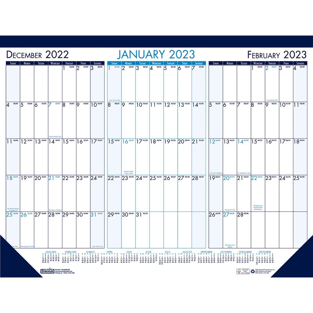 House of Doolittle 3-month View Monthly Desk Pad Calendar - Julian Dates - Monthly - 12 Month - January - December - 3 Month Single Page Layout - 17" x 22" Sheet Size - Desk Pad - Black, Blue - Planni. Picture 1