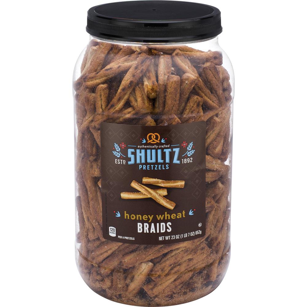 Office Snax Honey Wheat Braided Pretzels - Resealable Tub - Honey, Wheat - 1.50 lb - 1 Each. Picture 1