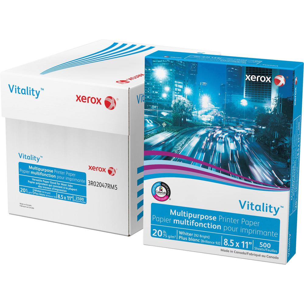 Xerox Vitality Multipurpose Printer Paper - White - 92 Brightness - 90% Opacity - Letter - 8 1/2" x 11" - 20 lb Basis Weight - 5000 / Carton - White. Picture 1