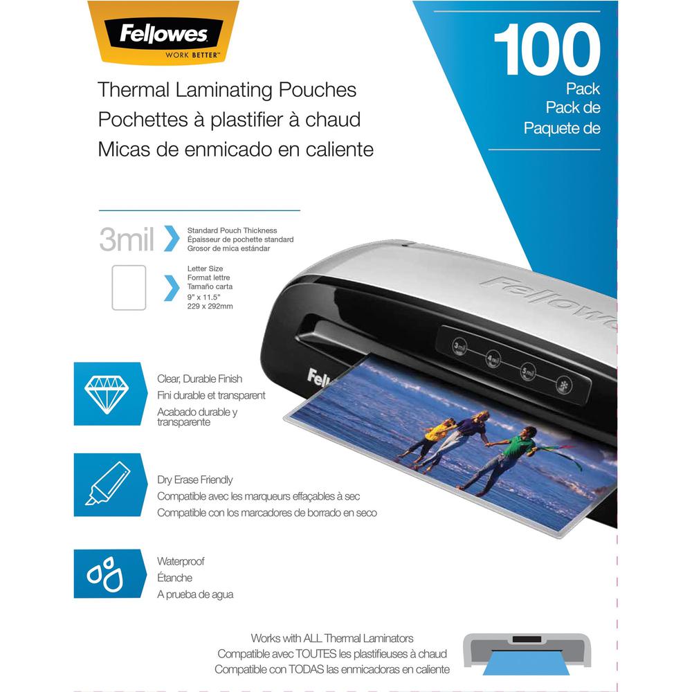 Fellowes Thermal Laminating Pouches - Letter, 3 mil, 100 pack - Sheet Size Supported: Letter 8.50" Width x 11" Length - Laminating Pouch/Sheet Size: 9" Width x 11.50" Length x 3 mil Thickness - Glossy. Picture 1