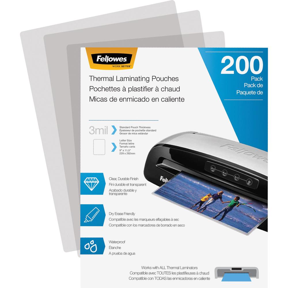 Fellowes Thermal Laminating Pouches - Letter, 3 mil, 200 pack - Sheet Size Supported: Letter 8.50" Width x 11" Length - Laminating Pouch/Sheet Size: 9" Width3 mil Thickness - Durable - Clear - 200 / P. Picture 1