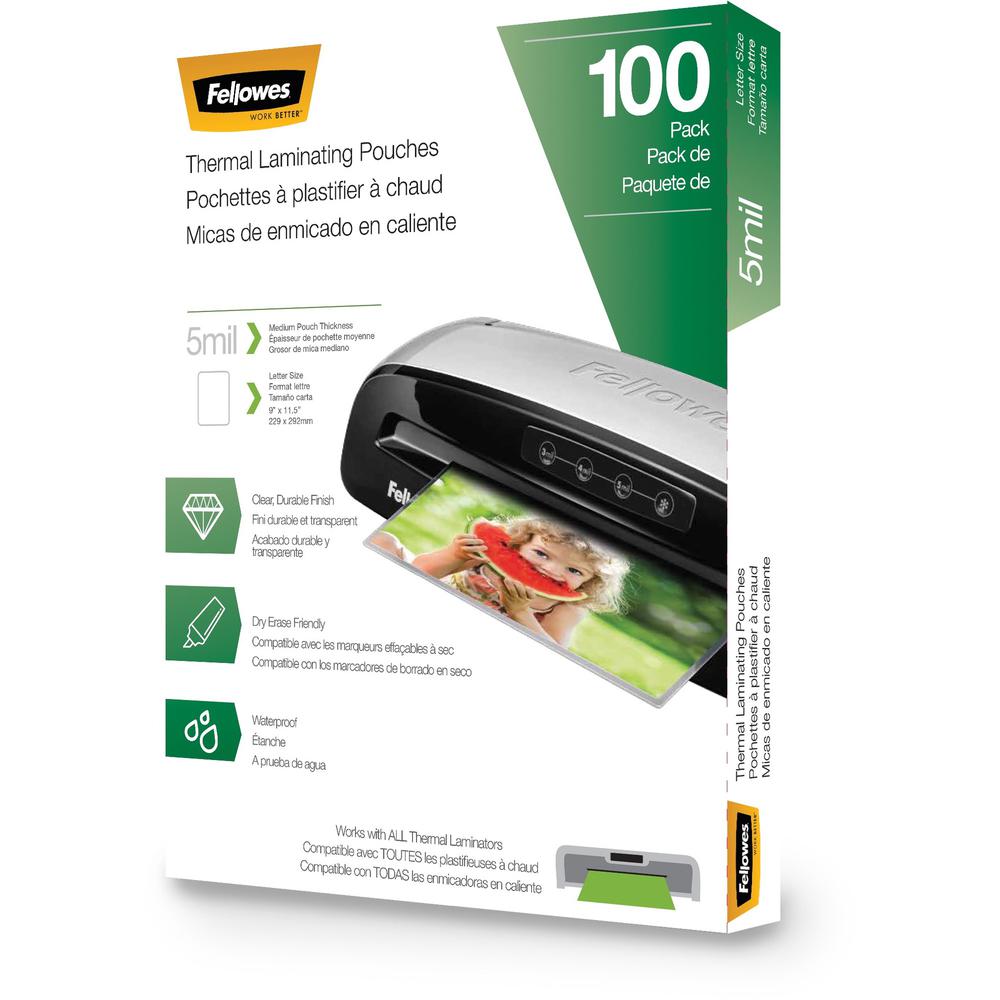 Fellowes Thermal Laminating Pouches - Letter, 5 mil, 100 pack - Sheet Size Supported: Letter 8.50" Width x 11" Length - Laminating Pouch/Sheet Size: 9" Width5 mil Thickness - Glossy - for Document - D. Picture 1