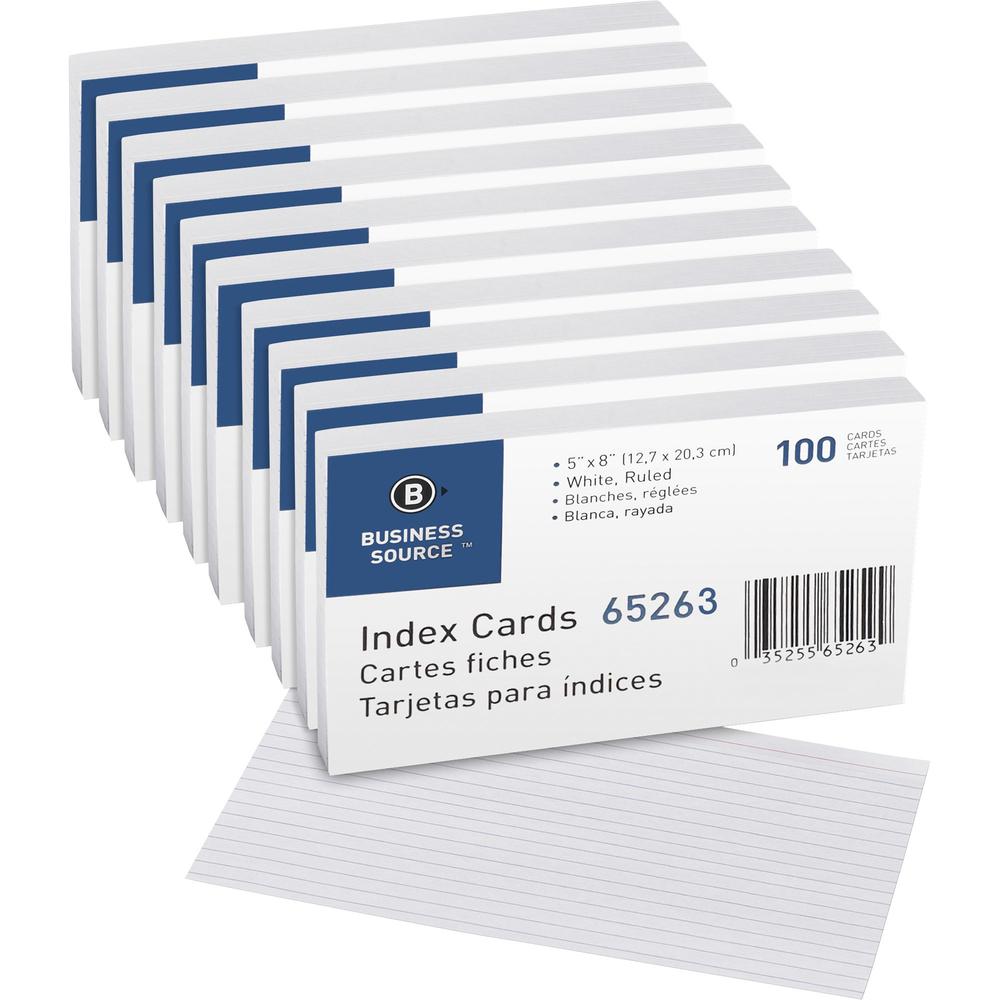 Business Source Ruled Index Cards - Front Ruling Surface - Ruled - 72 lb Basis Weight - 8" x 5" - White Paper - 500 / Box. Picture 1