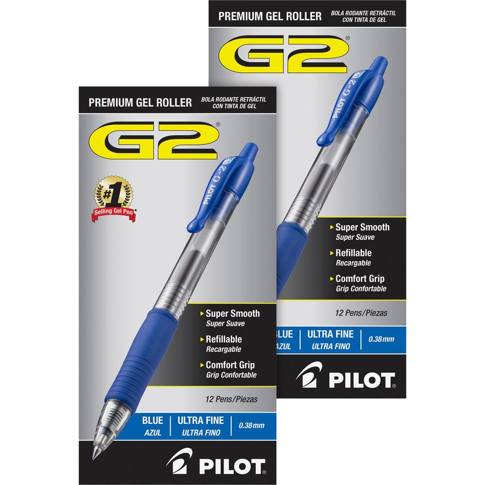 Pilot G2 Premium Gel Roller Retractable Pens - Ultra Fine Pen Point - 0.38 mm Pen Point Size - Refillable - Retractable - Blue Gel-based Ink - Clear Barrel - 24 / Bundle. Picture 1