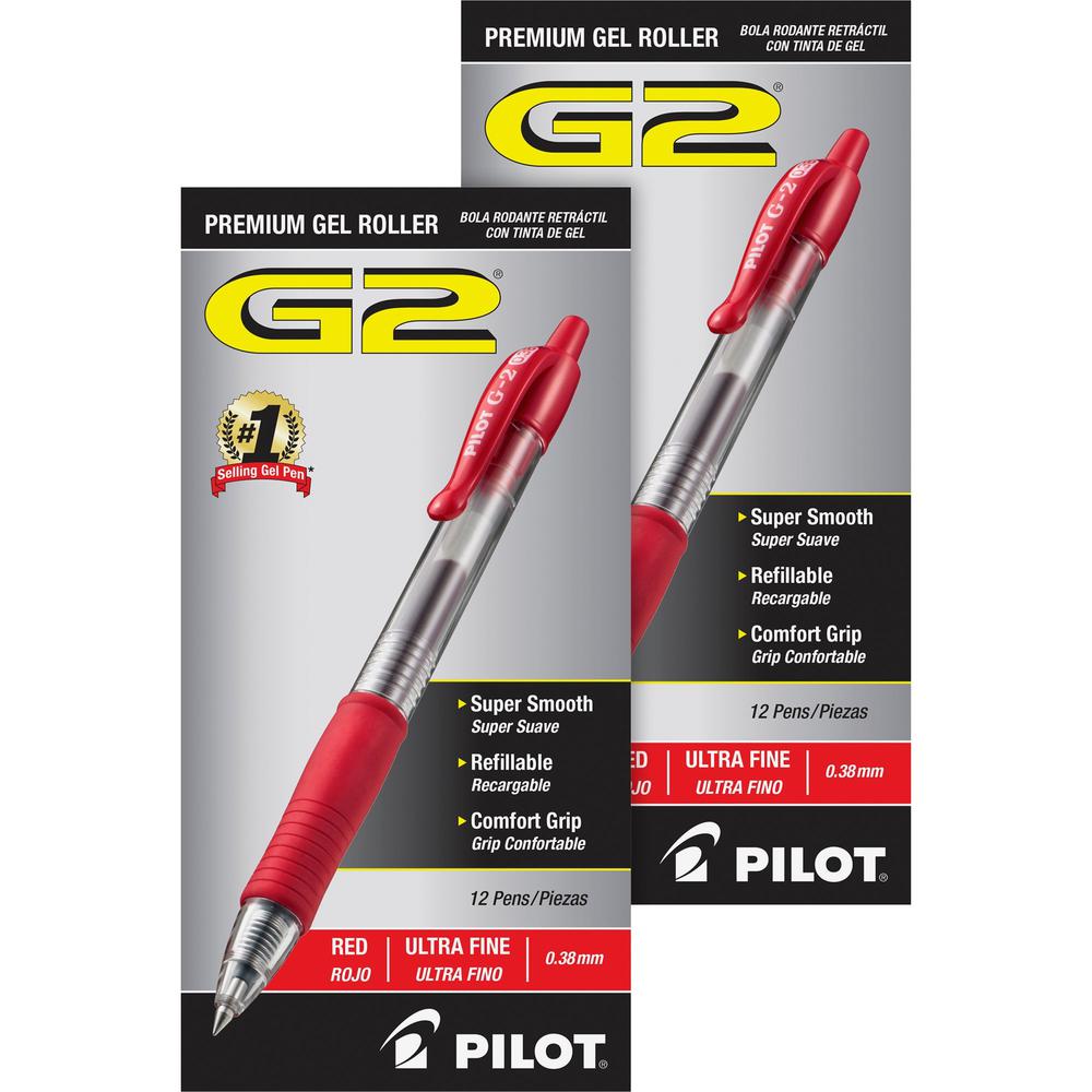 G2 Ultra Fine Retractable Pens - Ultra Fine Pen Point - 0.38 mm Pen Point Size - Refillable - Retractable - Red Gel-based Ink - Clear Barrel - 24 / Bundle. The main picture.