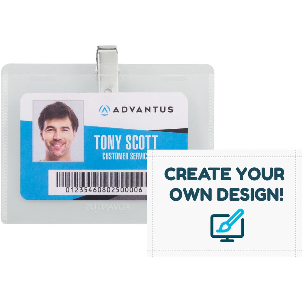 Advantus DIY Clip-style Name Badge Kit - Support 4" x 3" Media - Horizontal - Plastic - 50 / Box - White, Clear - Reusable. Picture 1