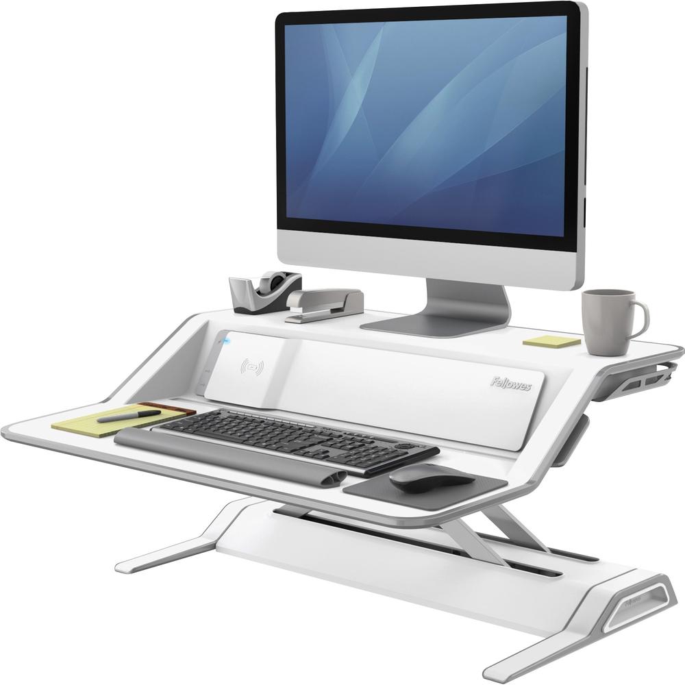 Fellowes Lotus&trade; DX Sit-Stand Workstation - White - 35 lb Load Capacity - 5.5" Height x 32.8" Width x 24.3" Depth - White. Picture 1